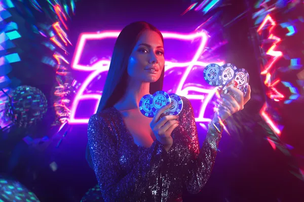 786BET Slots — Thousands of exciting themes and jackpots A stylish woman beside vibrant slot machines displaying glowing sevens, showcasing the variety of top slots at 786BET.